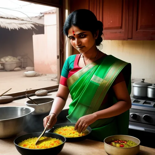 a woman in a green sari is cooking food in a bowl on a stove top with a spoon, by Raja Ravi Varma