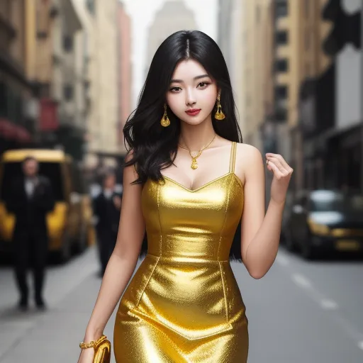 a woman in a gold dress is walking down the street with a purse in her hand and a man in a suit is walking behind her, by Chen Daofu