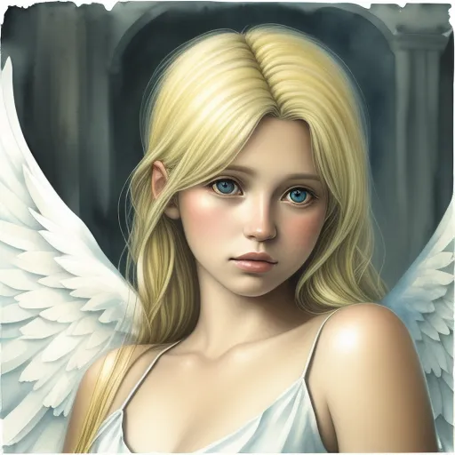 a painting of a blonde haired girl with angel wings on her shoulder and chest, with a dark background, by Daniela Uhlig