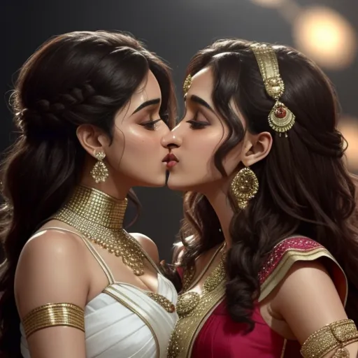 convert image to hd - two women in indian garb kissing each other with their heads touching each other's noses, with lights in the background, by Raja Ravi Varma