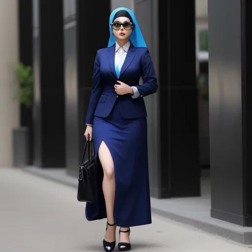 ai website that creates images - a woman in a blue suit and blue scarf is walking down the street with a black purse and a black purse, by Hendrik van Steenwijk I