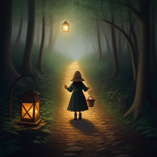 high resolution - a painting of a girl walking down a path in the woods at night with a lantern on her head, by Augustus Jansson