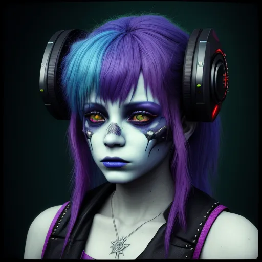 best free text to image ai - a woman with blue hair and headphones on her head is wearing a purple wig and blue hair with black and red makeup, by Terada Katsuya