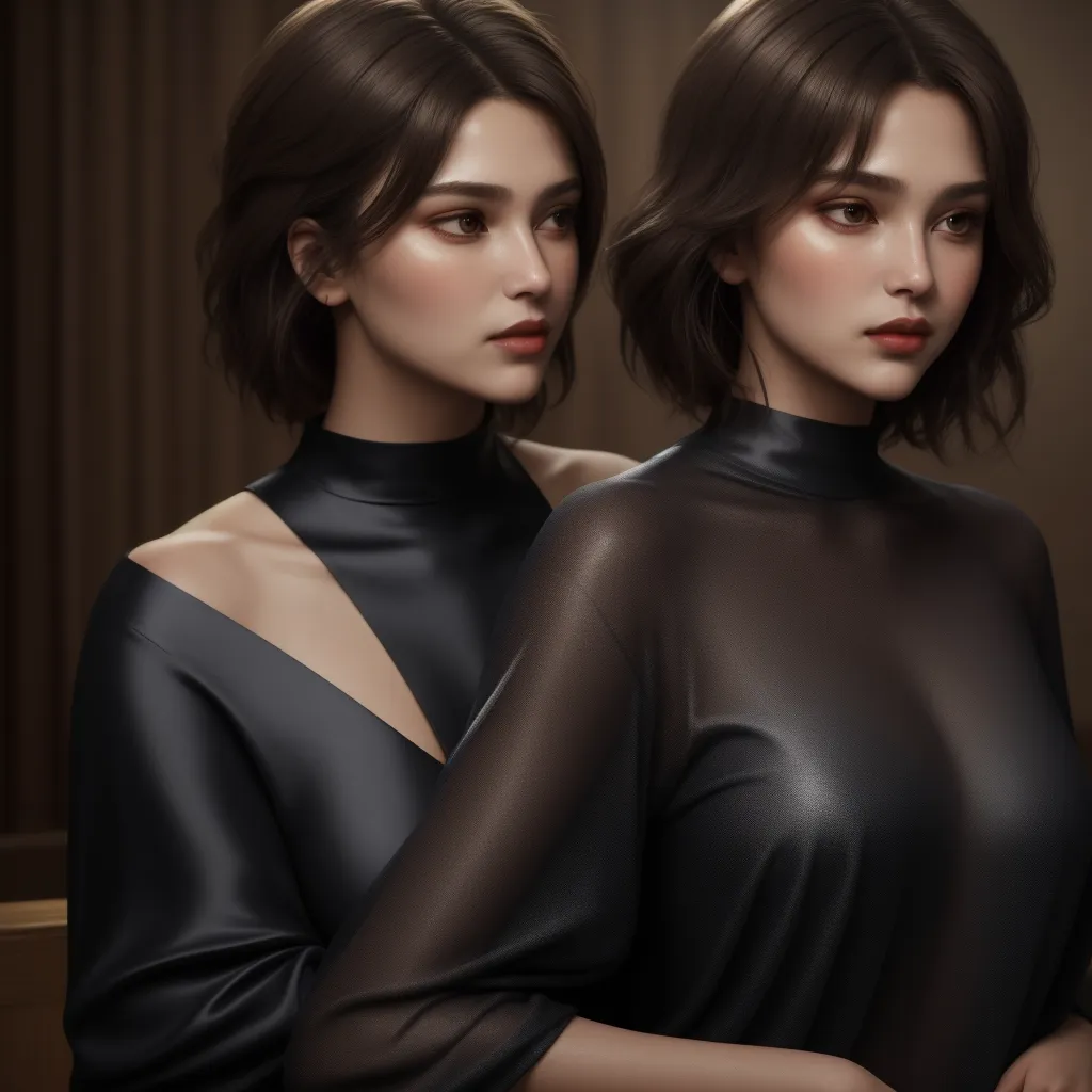 two women in black dresses standing next to each other in a room with a brown wall and a brown curtain, by Lois van Baarle