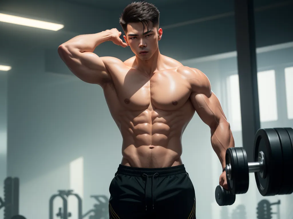 a man with a muscular body holding a barbell in a gym room with a mirror behind him and a light shining on the wall, by Chen Daofu