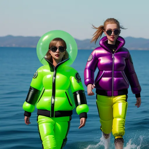 ai text image generator - two women in colorful clothing walking in the water together, one wearing a green and purple jacket and the other a black and yellow outfit, by Hendrik van Steenwijk I