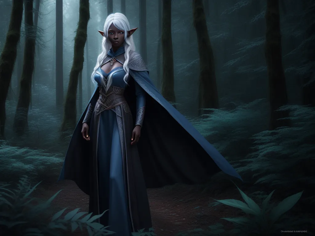 ai image app - a woman in a blue dress standing in a forest with a white hair and blue cape on her head, by Lois van Baarle