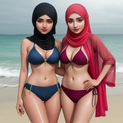 ai create image from text - two women in bikinis standing on a beach near the ocean with a scarf on their head and a scarf on their head, by Hendrik van Steenwijk I