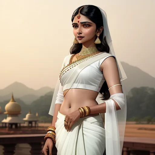 a woman in a white sari and gold jewelry standing in front of a mountain range with a temple in the background, by Raja Ravi Varma