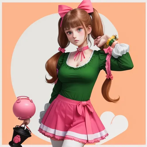 a girl in a green dress holding a pink bow and a pink and white hat and a pink and black purse, by Sailor Moon