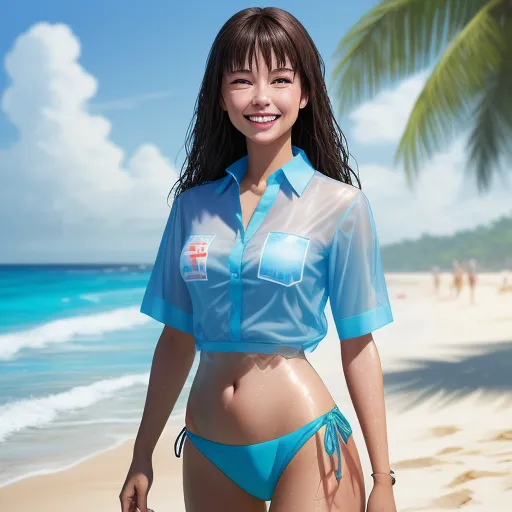 best ai photo editor - a woman in a blue shirt and a bikini on a beach with a palm tree in the background and a blue sky, by Huang Tingjian