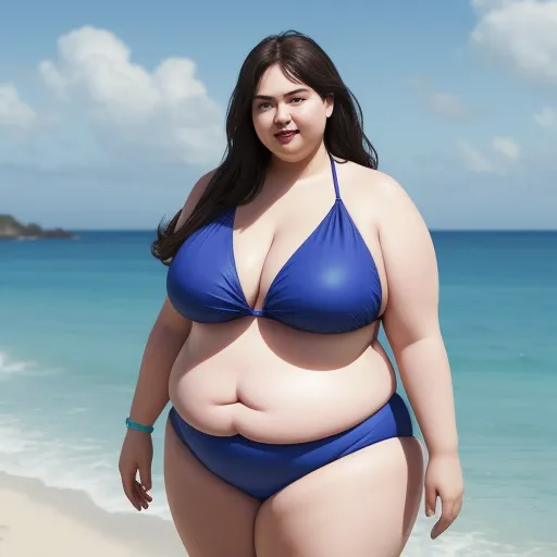 photo converter - a woman in a blue bikini standing on a beach next to the ocean with a big belly and large breast, by Hendrik van Steenwijk I