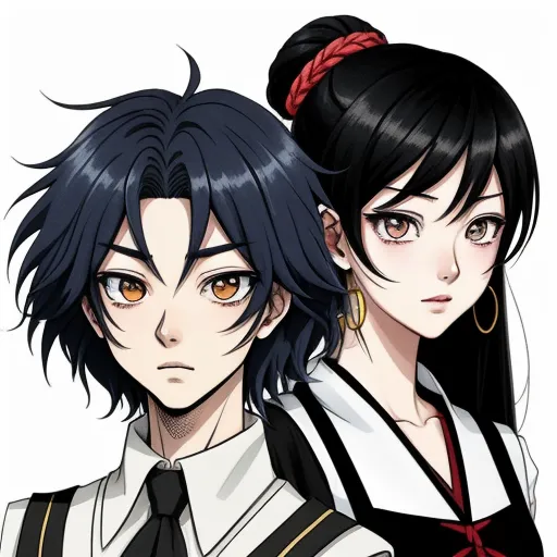 two anime characters with black hair and brown eyes, one with a red bow and the other with a black and white shirt, by NHK Animation