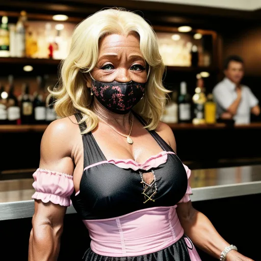 a woman in a pink dress and a mask on her face is standing in front of a bar with a man behind her, by Cindy Sherman