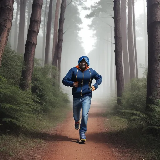 ai text to image - a man in a blue jacket is running through a forest trail in the foggy weather with trees and bushes, by Elizabeth Gadd