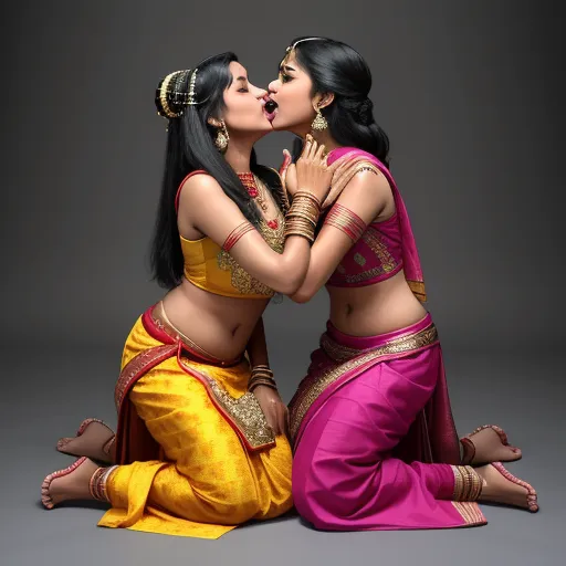 two women in indian clothing kissing each other on the floor with a dark background in the background, both of them are wearing headgears, by Raja Ravi Varma