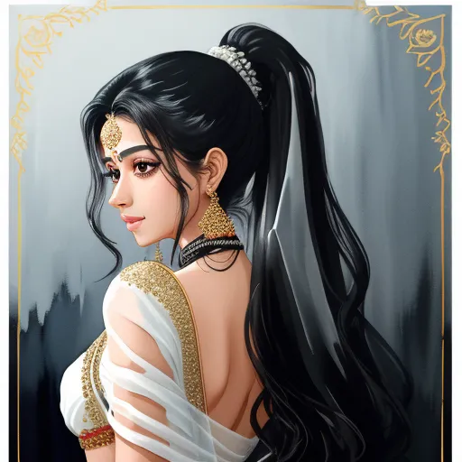 high resolution image - a woman with long black hair wearing a white dress and a gold necklace and earrings, with a black background, by Lois van Baarle