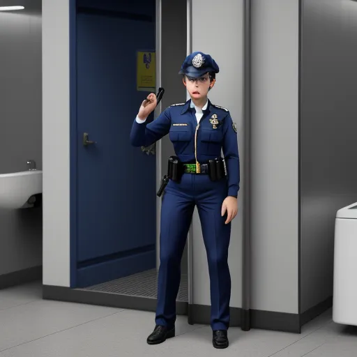 convert photo to 4k online - a woman police officer standing in a restroom with a cell phone in her hand and a toilet in the background, by Sailor Moon