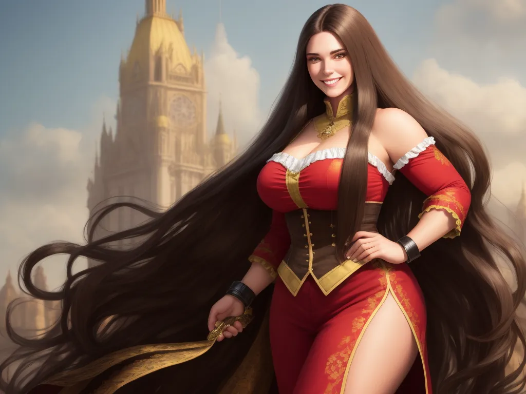 ai based photo editor - a woman in a red and gold costume with long hair and a clock tower in the background, with a long flowing hair, by Horace Vernet