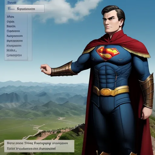 a computer generated image of a man in a superman suit and cape with mountains in the background and a sky with clouds, by Sailor Moon