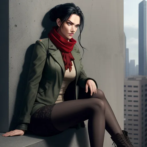 4k picture converter - a woman in a green jacket and red scarf sitting on a ledge in a city setting with tall buildings, by Lois van Baarle