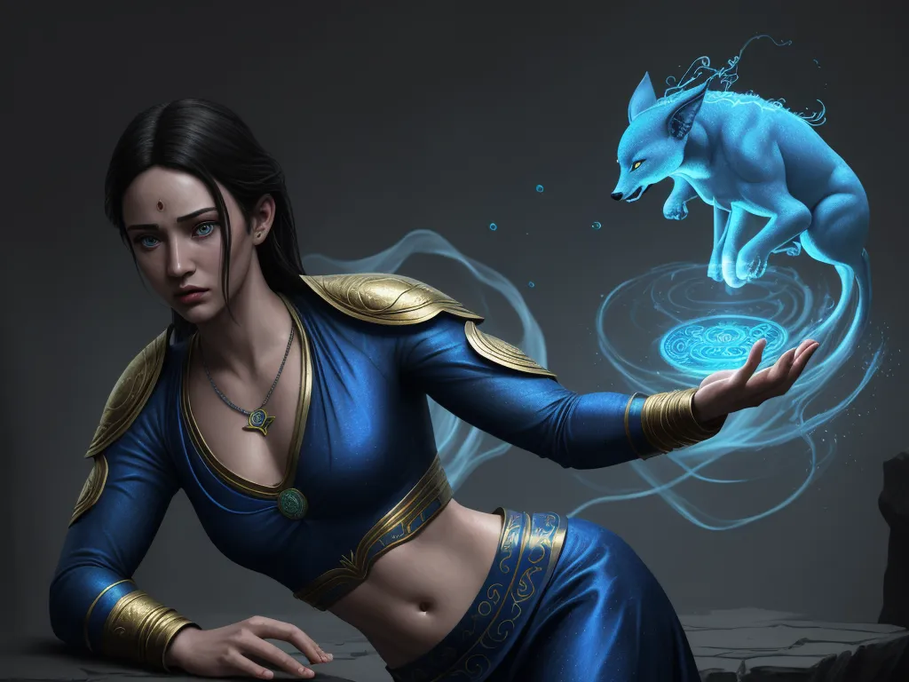 a woman in a blue outfit with a wolf on her shoulder and a wolf on her arm, with a blue background, by Lois van Baarle