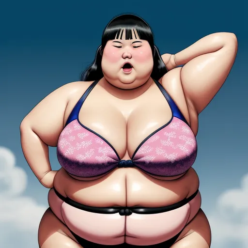 turn a picture into high resolution - a cartoon of a woman in a pink bra top and black panties with her hands on her hips, with a blue sky in the background, by Fernando Botero