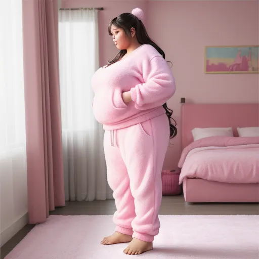 4k ultra hd photo converter - a woman in a pink pajamas stands in a pink bedroom with a pink bed and pink walls and a pink rug, by Fernando Botero