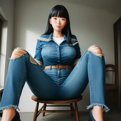 a woman sitting on a chair with her legs crossed and her legs crossed, wearing jeans and a denim jacket, by Terada Katsuya