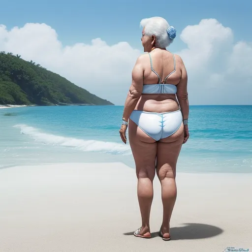 a woman in a bikini standing on a beach next to the ocean with a mountain in the background and a blue sky, by Filip Hodas