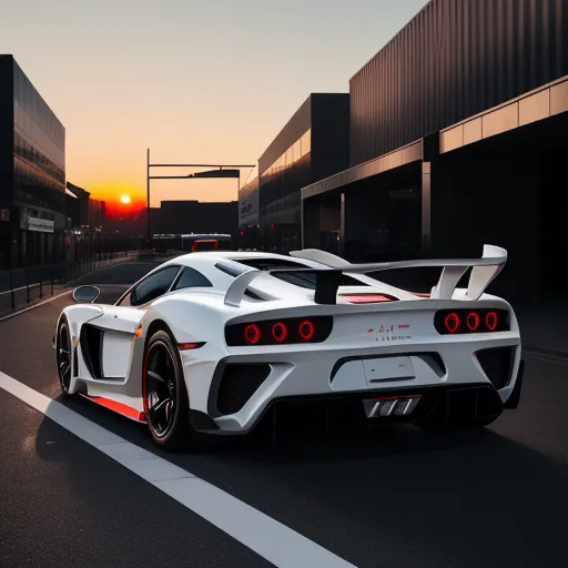 a white sports car driving down a street at sunset or dawn with a red light on the rear end, by Hendrik van Steenwijk I