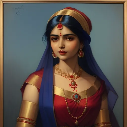 a painting of a woman in a red and gold dress with a blue veil and a gold necklace and a red and blue scarf, by Raja Ravi Varma