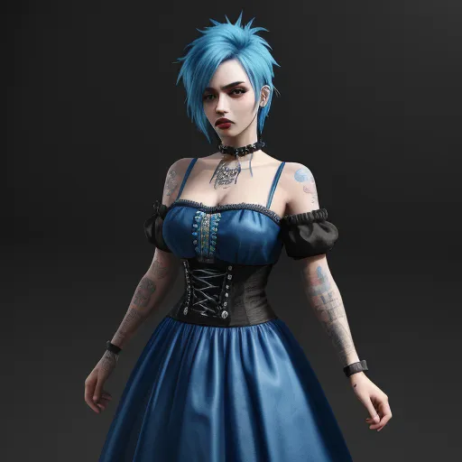 a woman with blue hair and tattoos wearing a blue dress and black gloves and a black choker and a black background, by Antonio de la Gandara