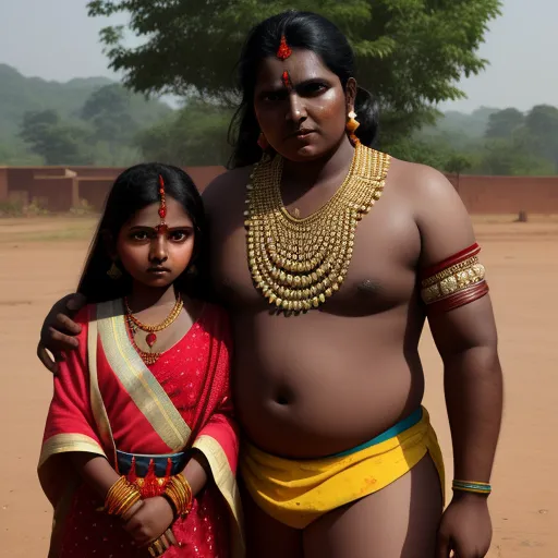 low quality picture - a woman and a child dressed in traditional indian clothing posing for a picture in a desert area with trees in the background, by Hiroshi Sugimoto