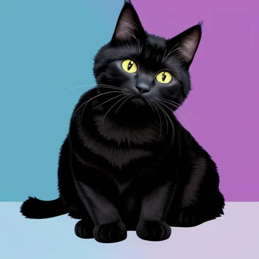 a black cat with yellow eyes sitting down on a table top with a purple background and a blue and purple background, by Kehinde Wiley
