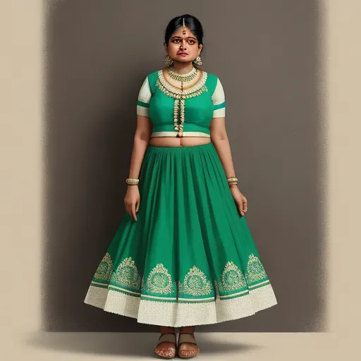 word to image generator ai - a woman in a green and white dress standing in front of a wall with a necklace on her neck, by Raja Ravi Varma