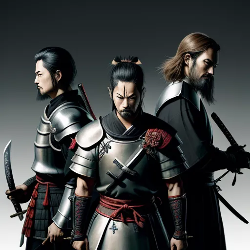 three men in armor standing next to each other with swords in their hands and one man with a beard, by Baiōken Eishun