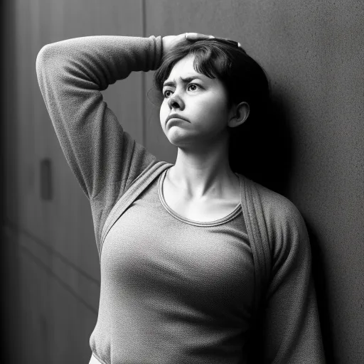 a woman leaning against a wall with her hands on her head and looking up at the sky with a serious look on her face, by Cindy Sherman