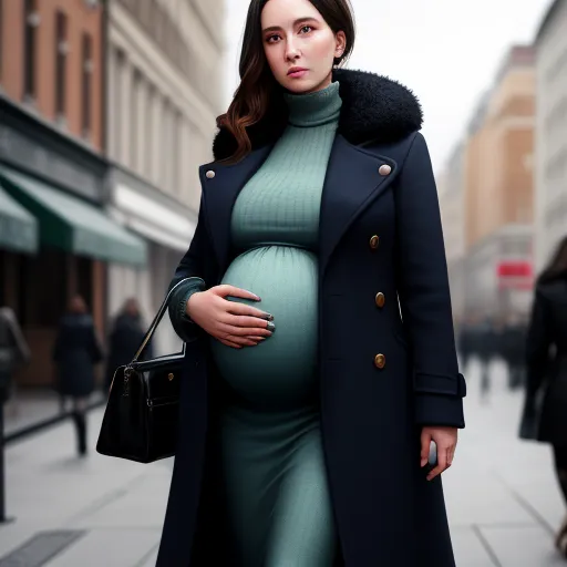 a pregnant woman in a green dress and coat is standing on a sidewalk in a city street with a black purse, by Chen Daofu