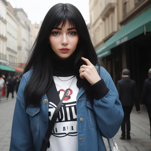 a woman with long black hair and a scarf on her neck is standing on a street corner and pointing to the side, by Sailor Moon