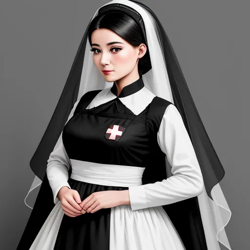 ai image generator from text free - a woman in a black and white dress with a red cross on her chest and a white cross on her chest, by Terada Katsuya