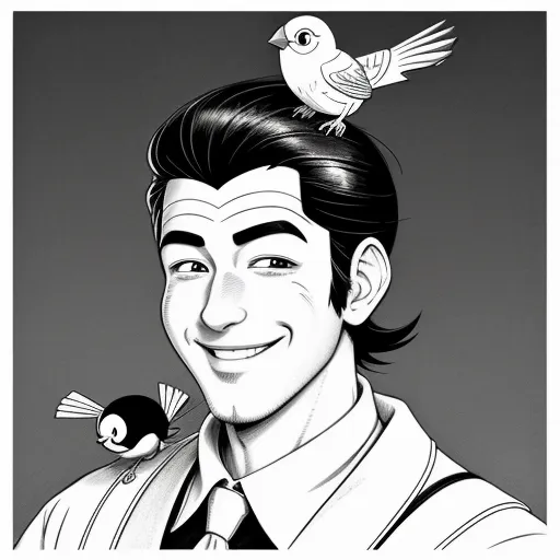 a black and white drawing of a man with a bird on his head and a bird on his shoulder, by Osamu Tezuka