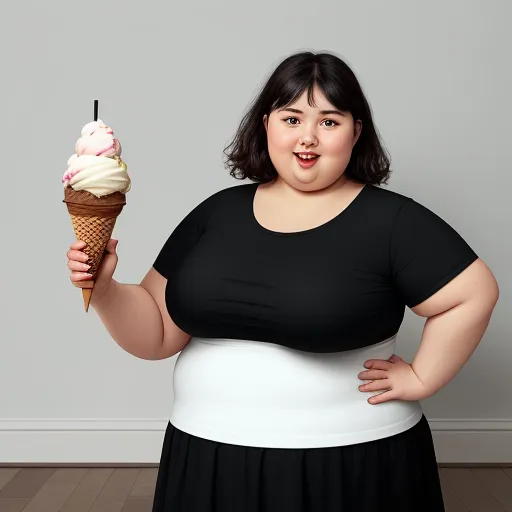 what is high resolution photo - a woman holding a ice cream cone in her hand and smiling at the camera, while standing in a room, by Terada Katsuya