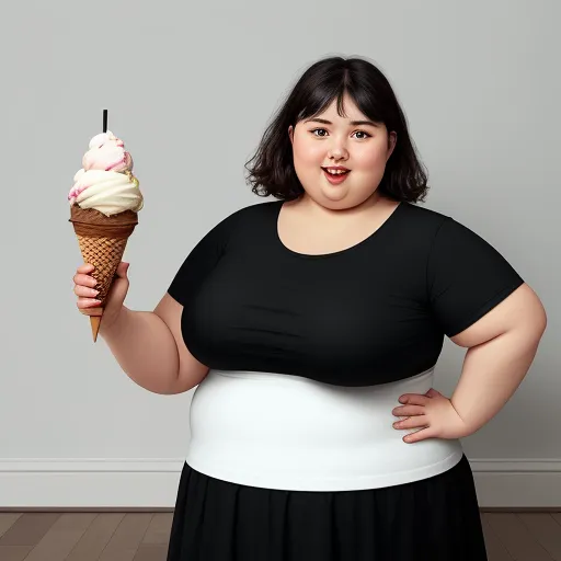 a woman holding a ice cream cone in her hand and smiling at the camera, while standing in a room, by Terada Katsuya