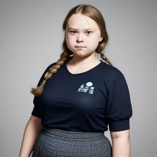 a girl with a braid in a blue shirt and skirt with a white background and a gray background with a white background, by Gottfried Helnwein