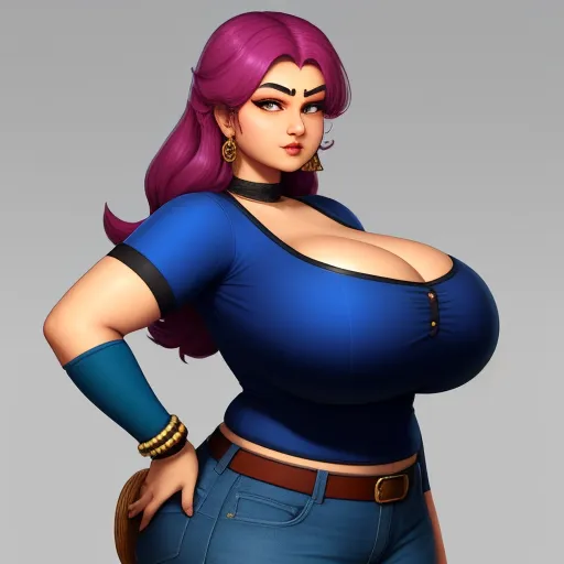 animated image ai - a cartoon character with purple hair and a blue top is posing for a picture with her hands on her hips, by Akira Toriyama