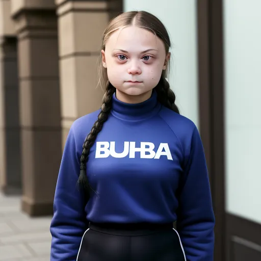 a girl with a ponytail standing in front of a building wearing a blue sweatshirt with the word bubba on it, by Gottfried Helnwein