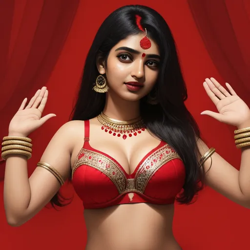 a woman in a red bra top and gold jewelry is posing for a picture with her hands in the air, by Raja Ravi Varma