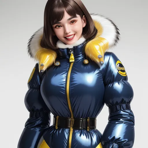 a woman in a blue and yellow outfit with a fur collar and a fur collar on her neck and a yellow belt around her waist, by Chen Daofu