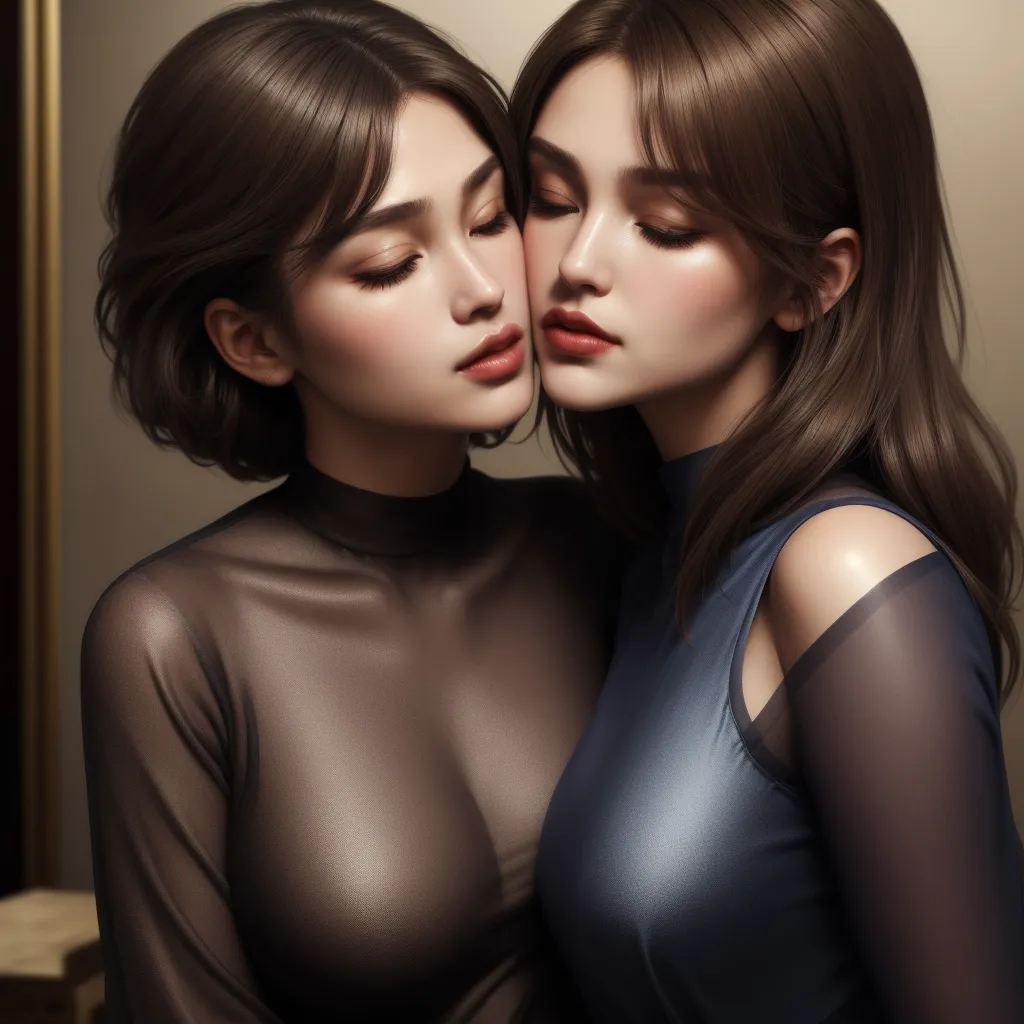 best ai text to image generator - two women are posing for a picture together in a painting style, one of them is wearing a sheer top, by Lois van Baarle